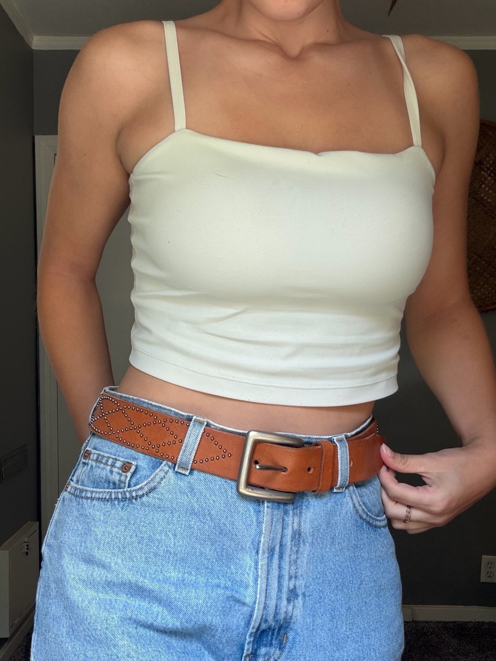 Tan Genuine Leather Belt w/ Silver Studded Details